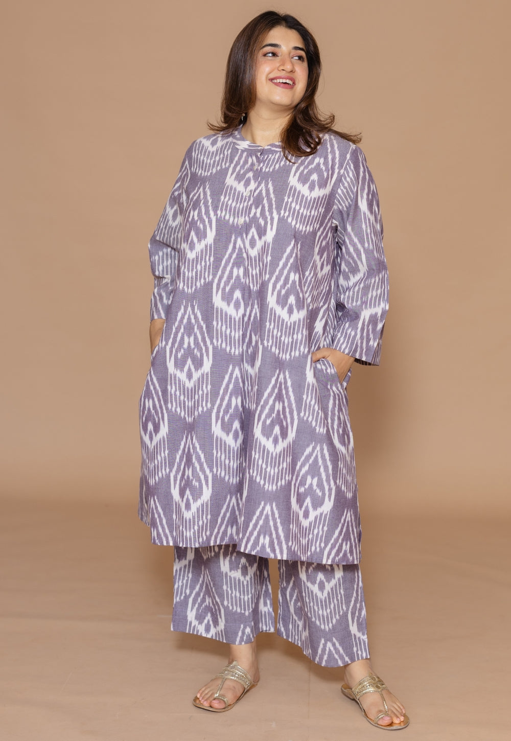 Ayaat Grey Handloom Ikkat Cotton Straight Co-Ord Set