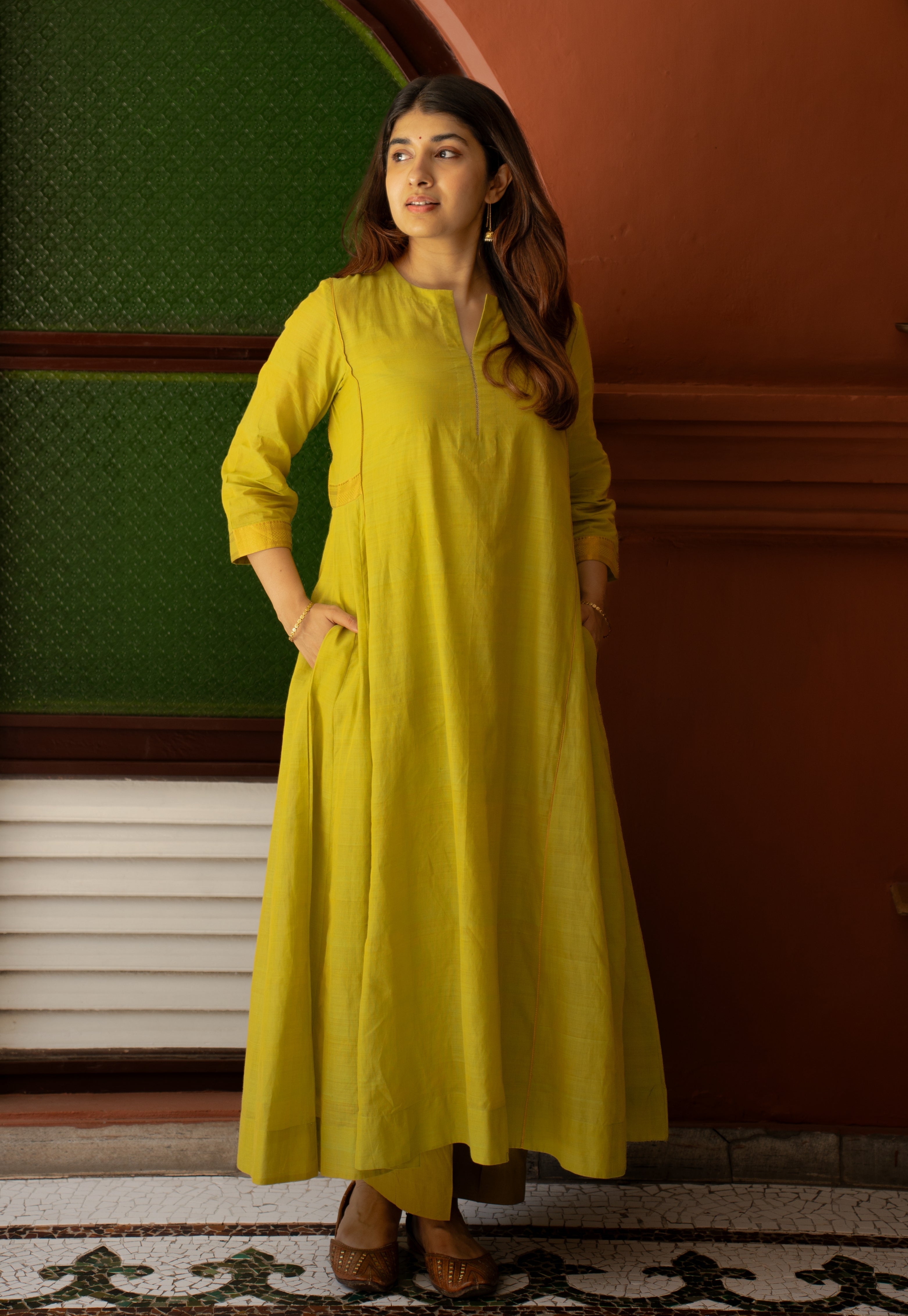 Kyra Green Mangalgiri Cotton Kali Kurta with Nizam Border and Hand Embroidery
