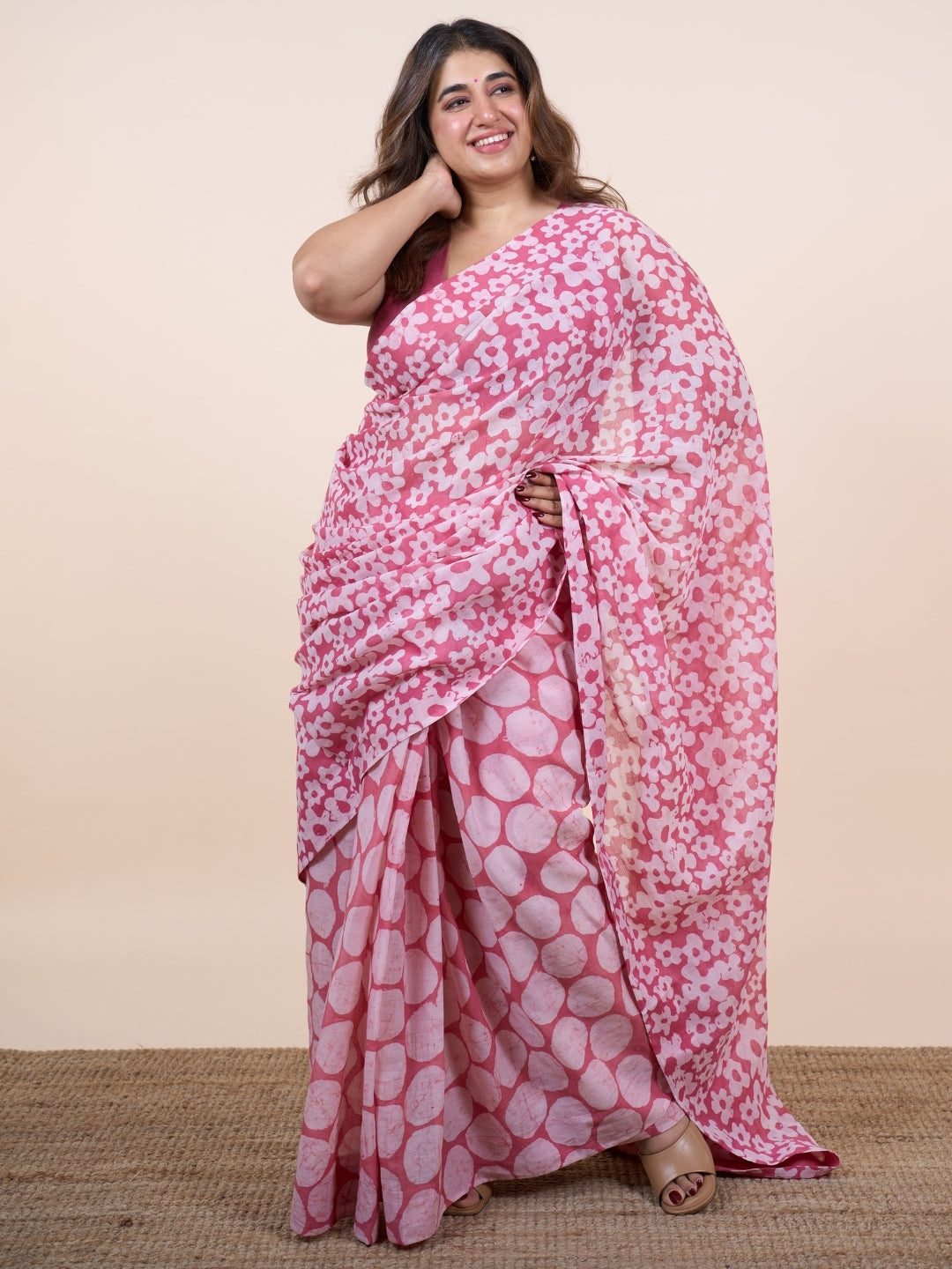 Taya Pink Batik Hand Block Print Mul Cotton Saree with Embroidery
