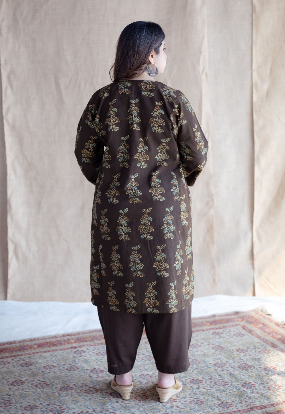 Saisha Brown Ajrakh Cotton Jhabbha Kali Kurta Set (Set of 2)