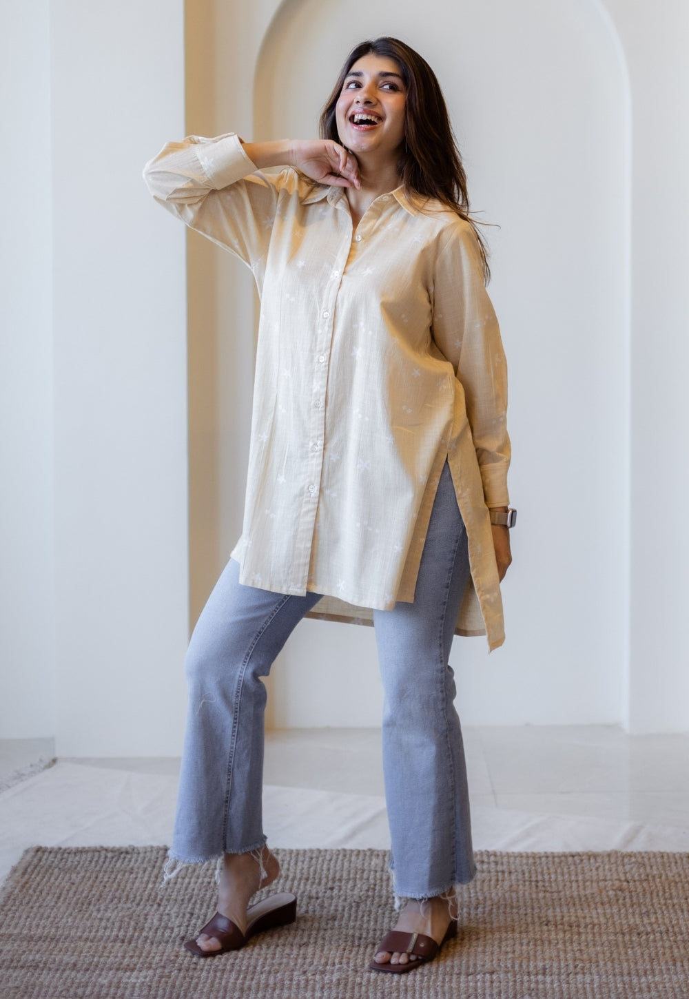 Meera Beige Hand Block Print Slub Cotton A Line Short Top