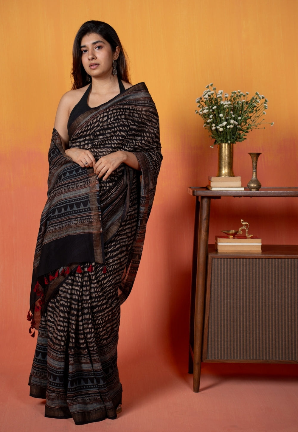 Black Objects Ajrakh Hand Block Print Maheshwari Saree
