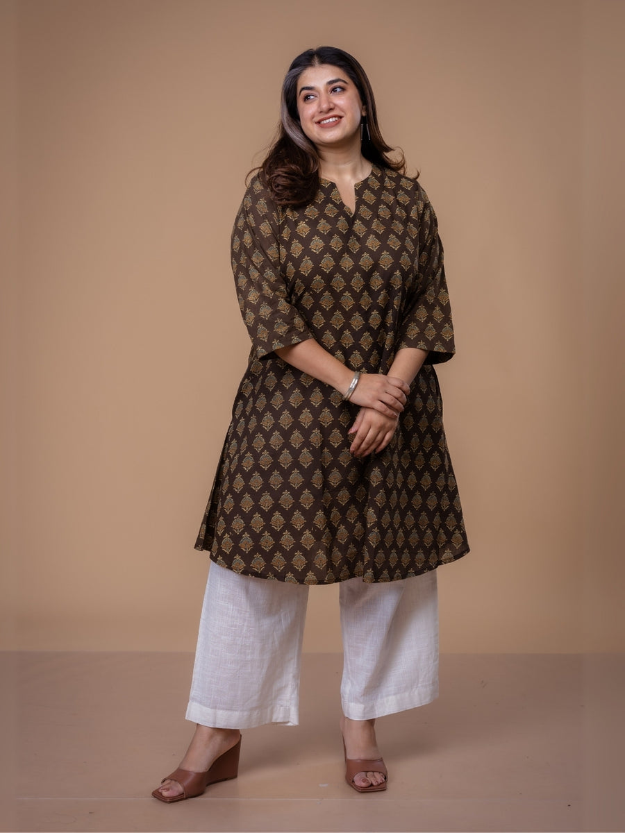 Daksha Brown Ajrakh Cotton A Line Kurta