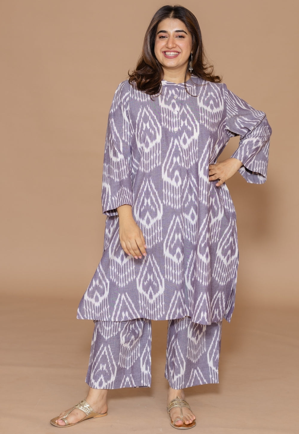Ayaat Grey Handloom Ikkat Cotton Straight Kurta