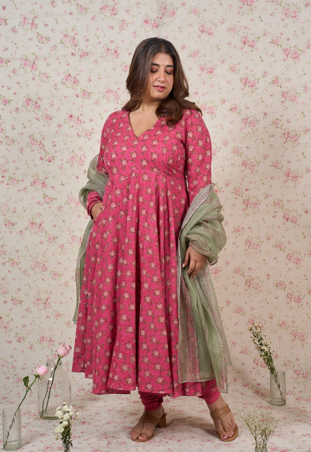 Julia Pink Sanganeri Mul Cotton A Line Kurta