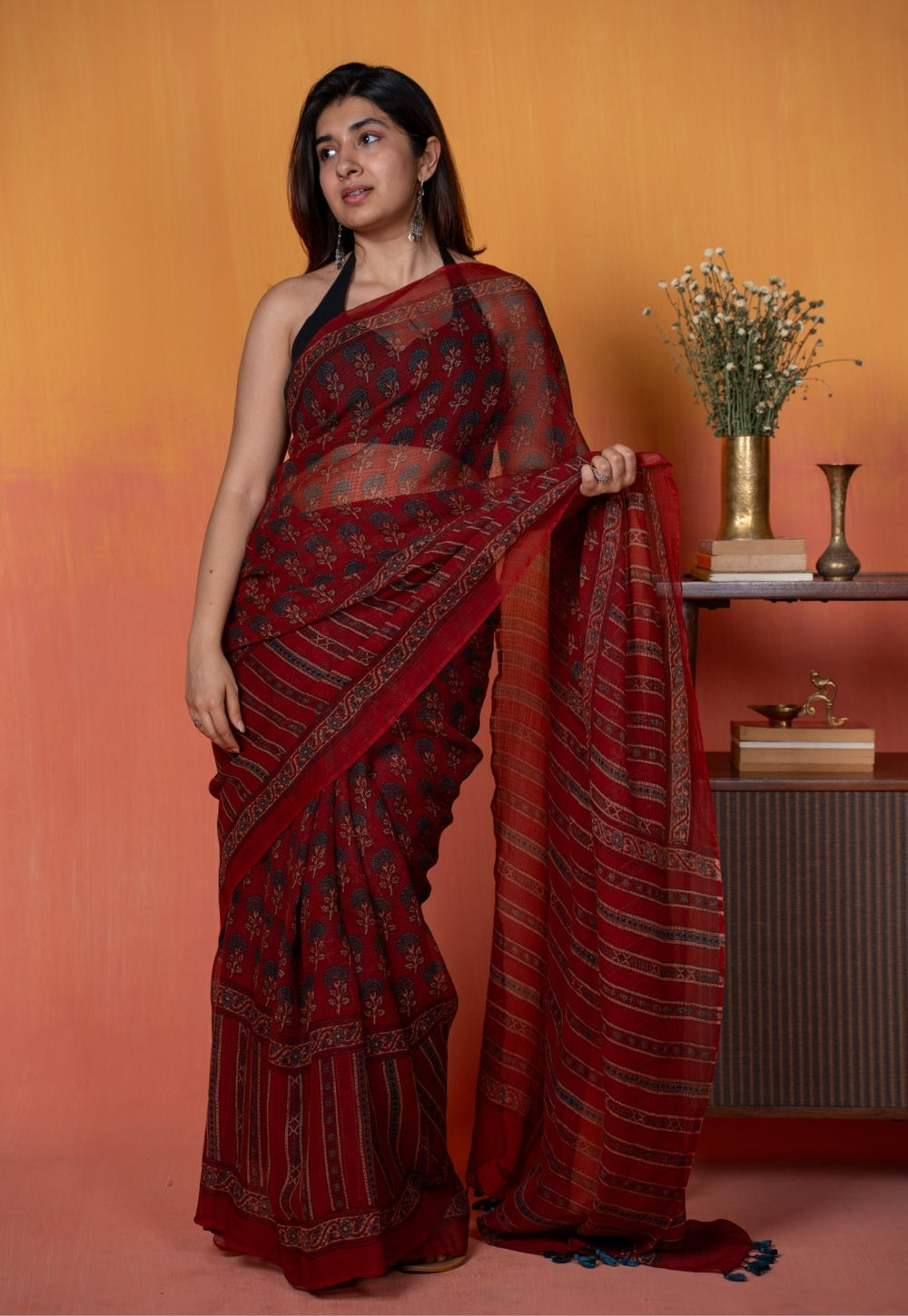 Red Floral Butta Ajrkah Hand Block Print Kota Doria Cotton Saree