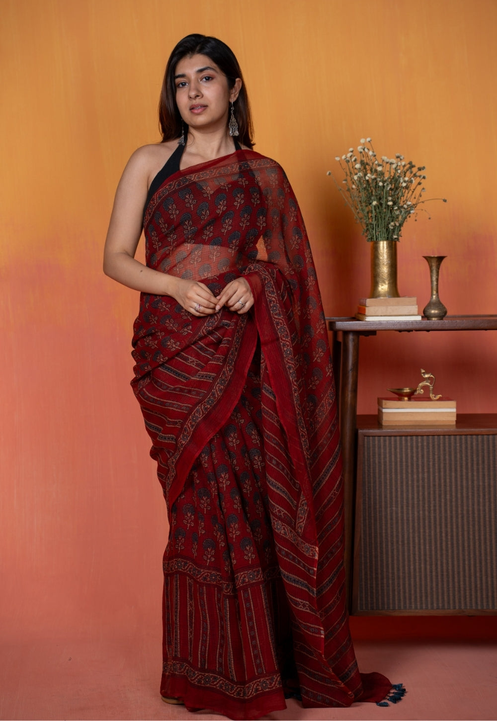Red Floral Butta Ajrkah Hand Block Print Kota Doria Cotton Saree