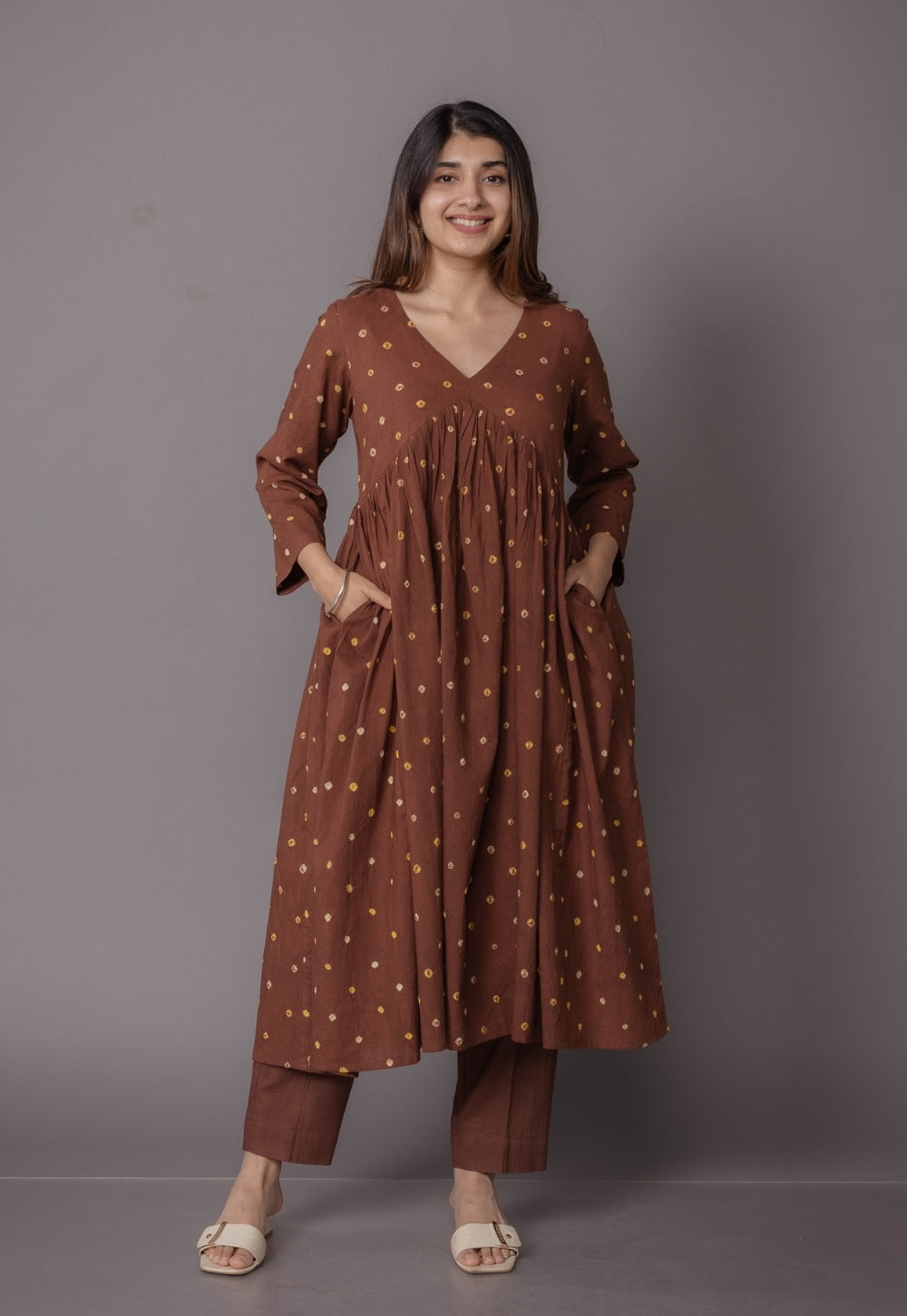 Trupti Brown Bandhani Cotton A Line Suit Set (Set of 3)