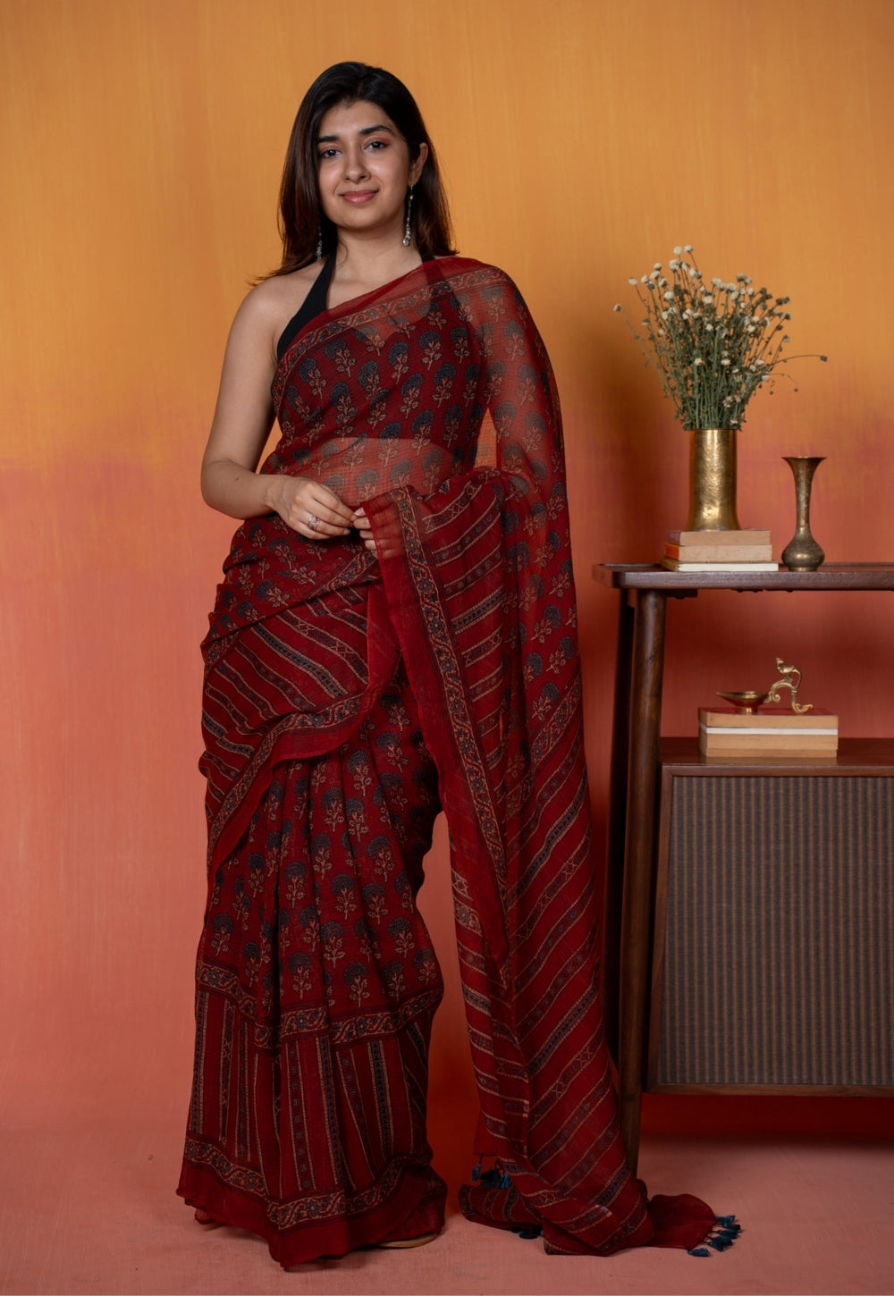 Red Floral Butta Ajrkah Hand Block Print Kota Doria Cotton Saree