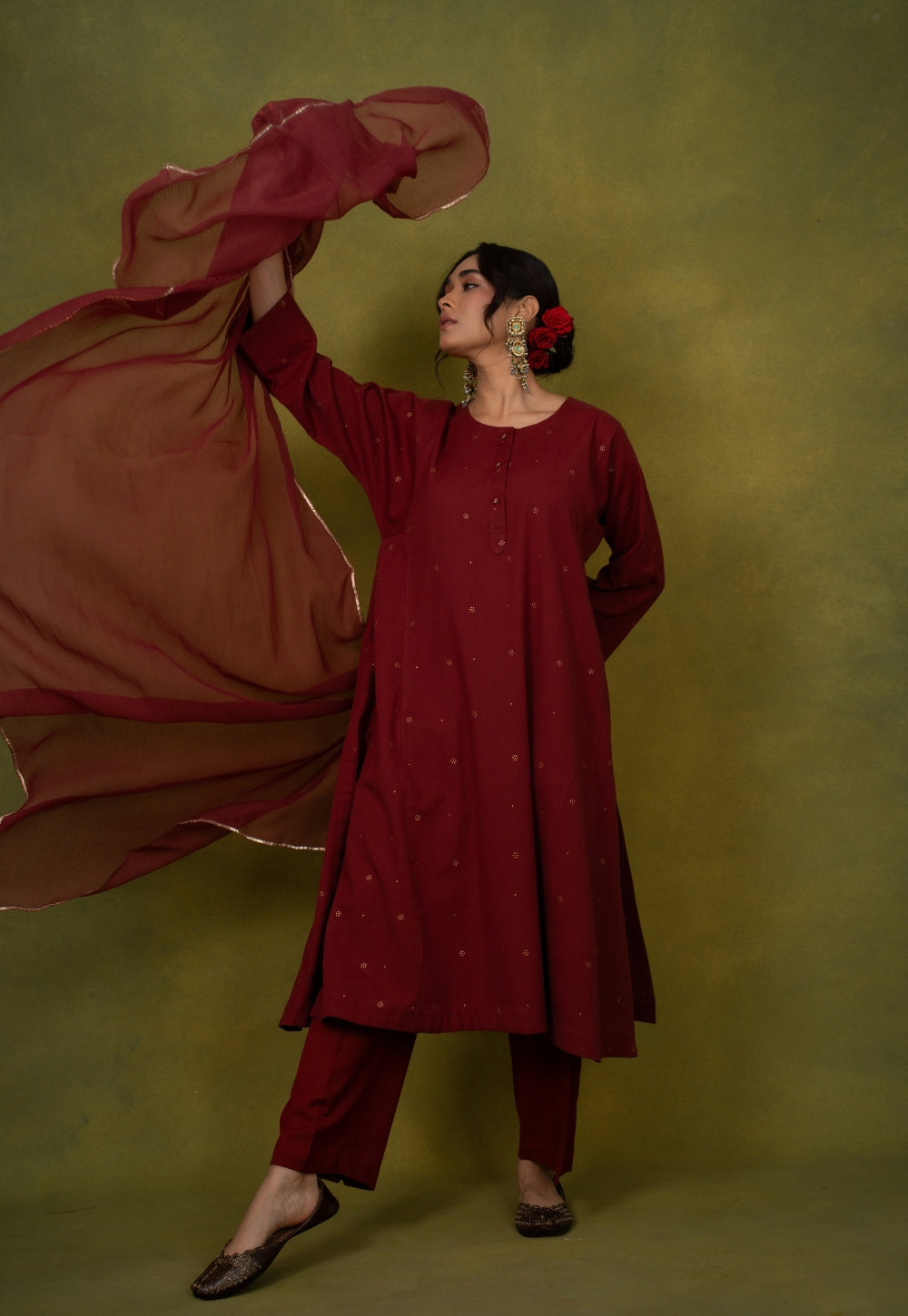 Alizah Maroon Rogan Handblock Printed Cotton Jhabbha Kali Suit Set (Set of 3)
