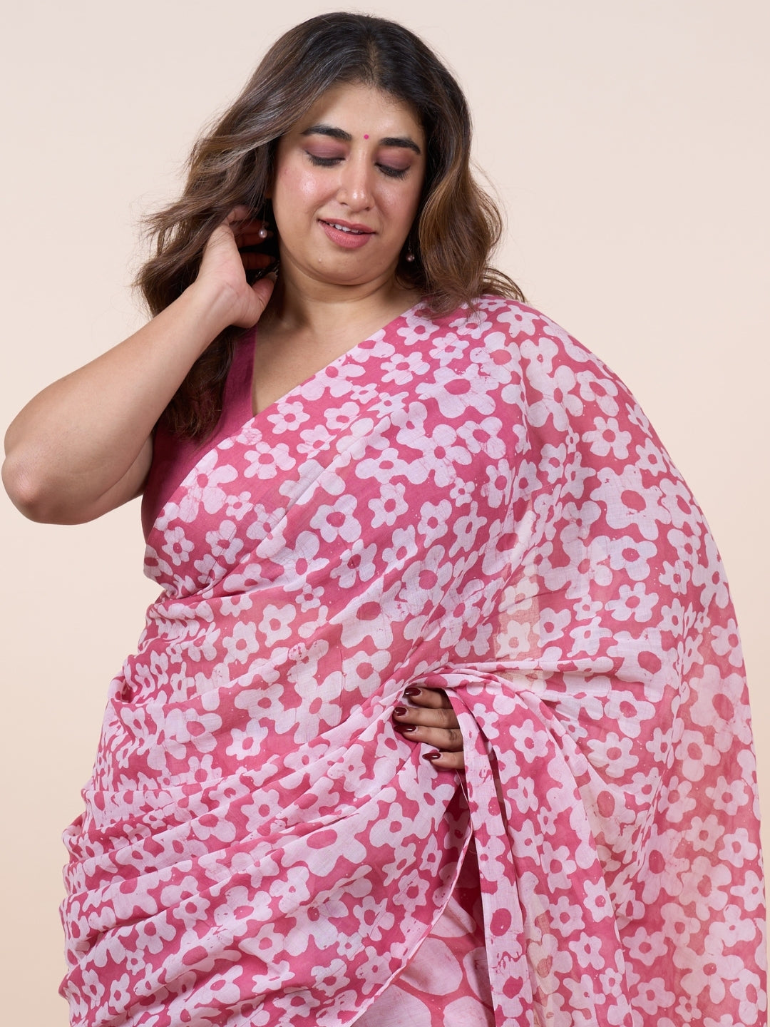 Taya Pink Batik Hand Block Print Mul Cotton Saree with Embroidery