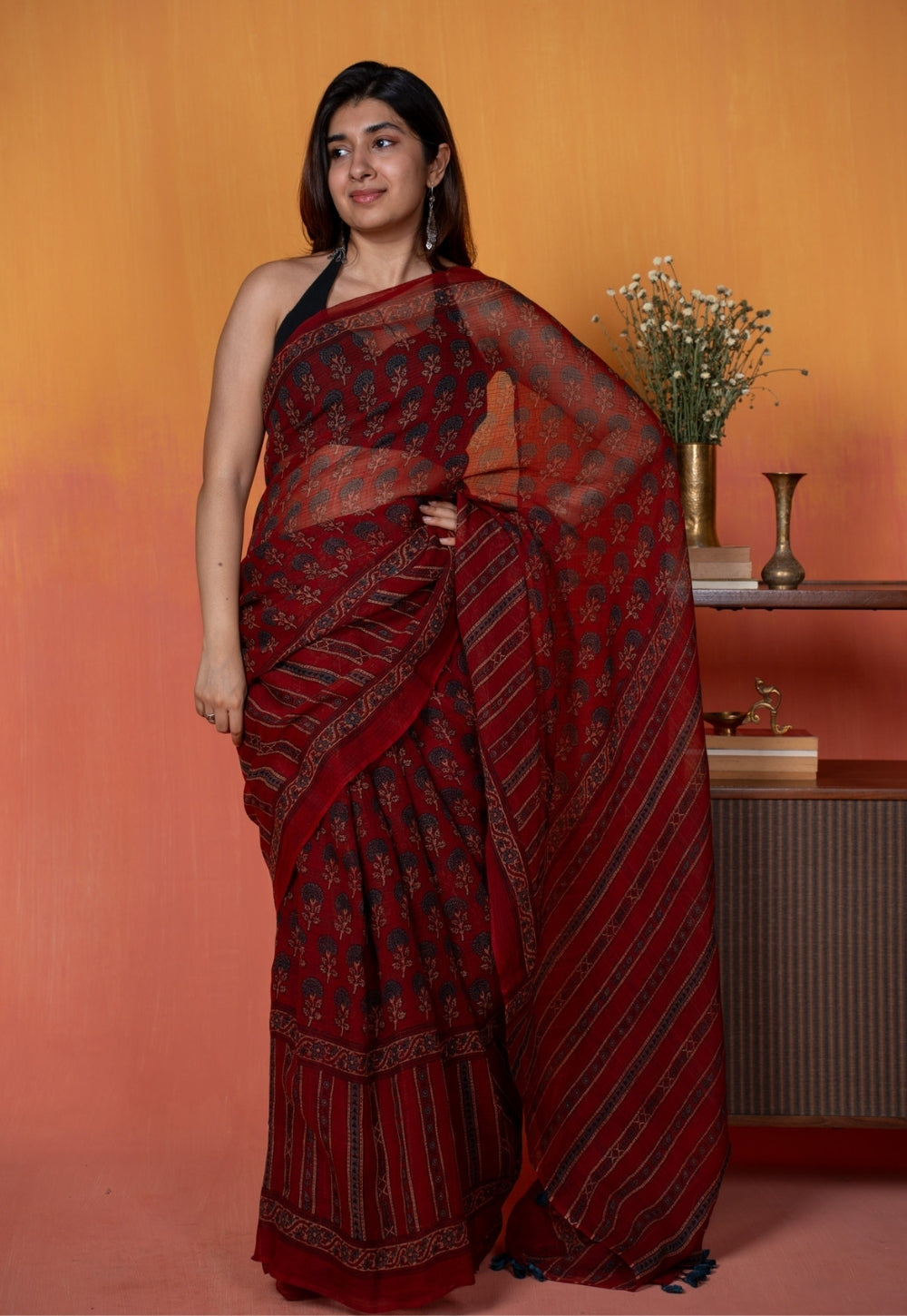 Red Floral Butta Ajrkah Hand Block Print Kota Doria Cotton Saree