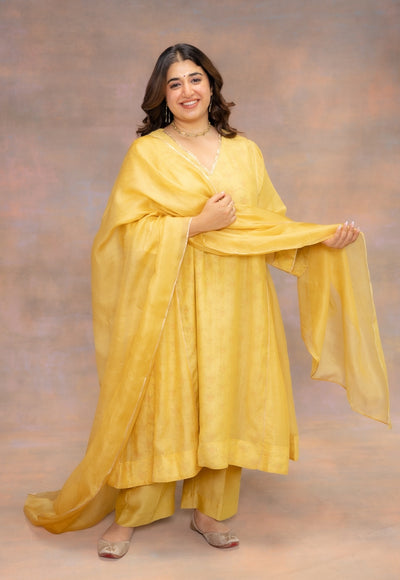 Rosa Yellow Solid Chanderi Slik Jhabbha Kali Kurta with Lace Detailing