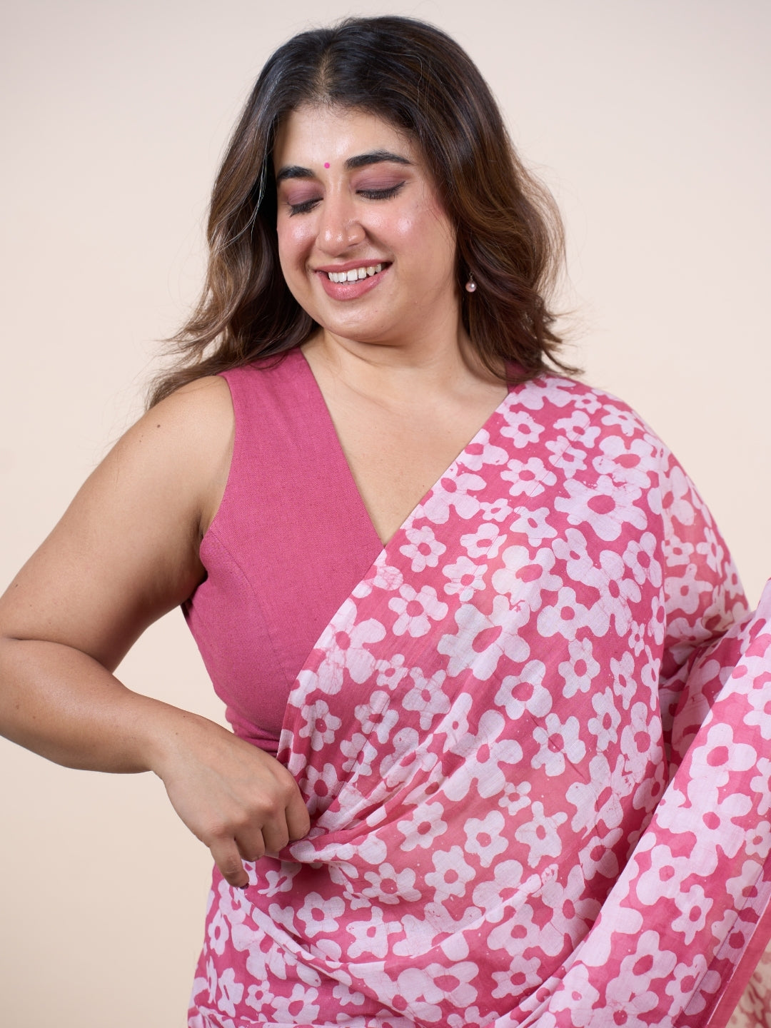 Taya Pink Batik Hand Block Print Mul Cotton Saree with Embroidery