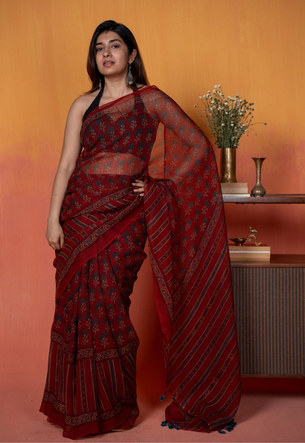 Red Floral Butta Ajrkah Hand Block Print Kota Doria Cotton Saree