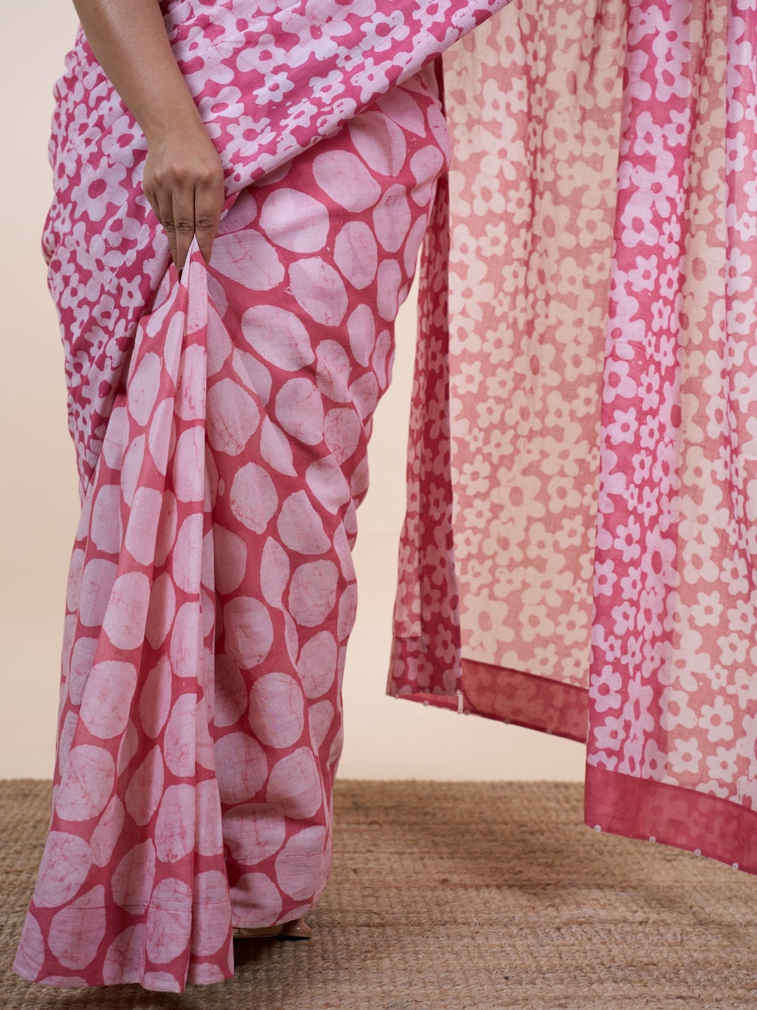 Taya Pink Batik Hand Block Print Mul Cotton Saree with Embroidery
