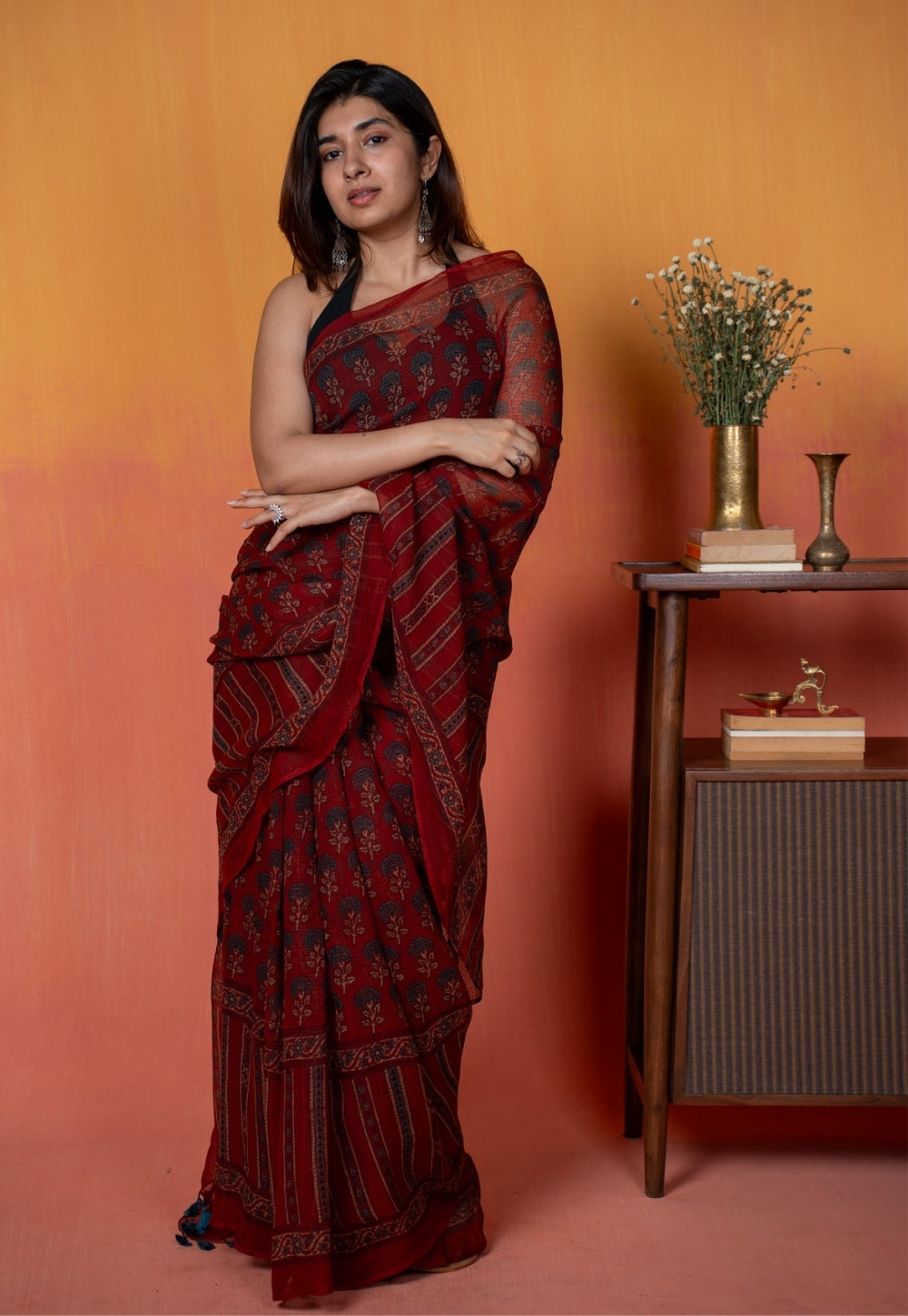 Red Floral Butta Ajrkah Hand Block Print Kota Doria Cotton Saree