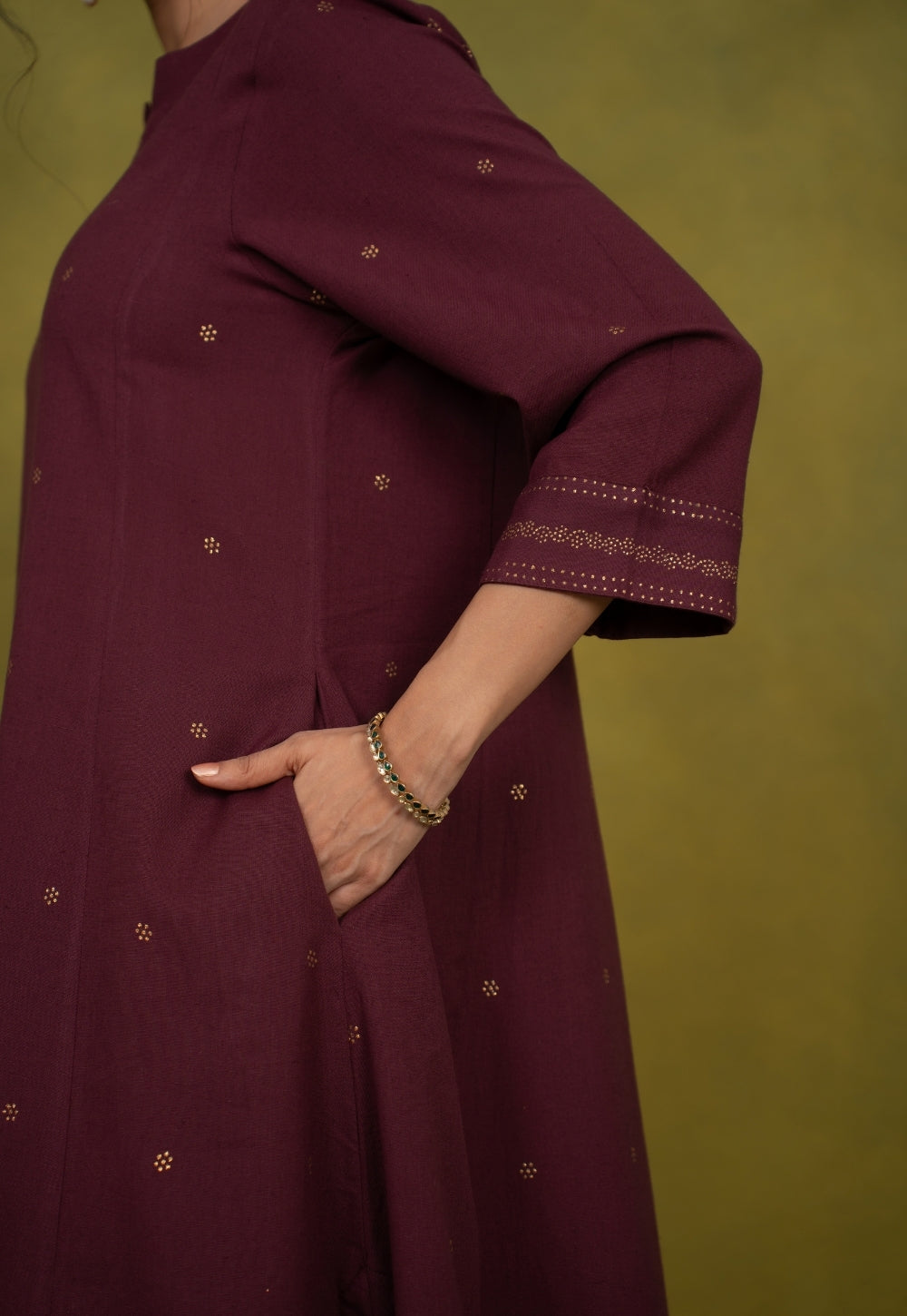 Malika Wine Rogan Handblock Printed Cotton Kali Kurta Suit Set (Set of 3)