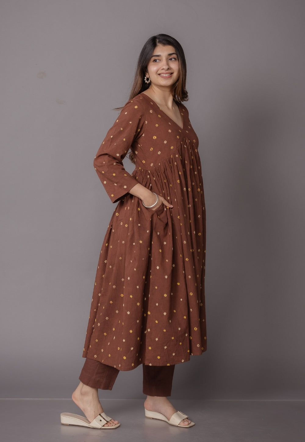 Trupti Brown Bandhani Cotton A Line Kurta with Dupatta
