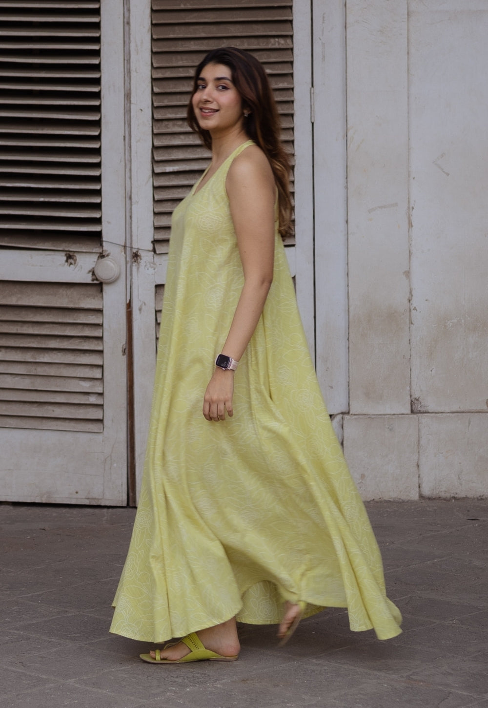Naimat Lime Green Hand Block Print Slub Cotton A Line Dress