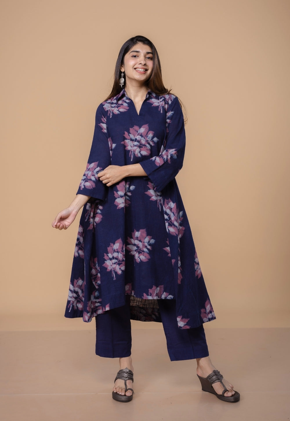 Karina Purple Dabu Slub Cotton A Line Kurta