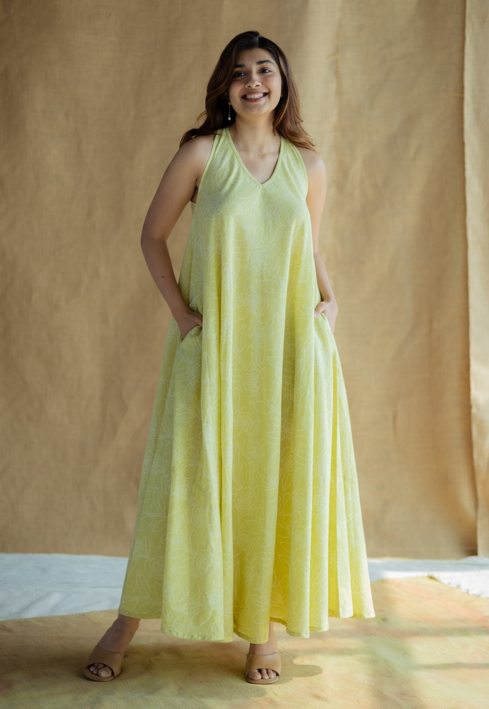 Naimat Lime Green Hand Block Print Slub Cotton A Line Dress