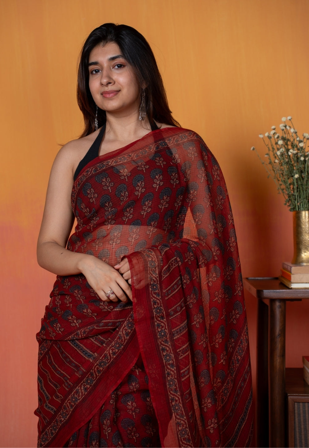 Red Floral Butta Ajrkah Hand Block Print Kota Doria Cotton Saree