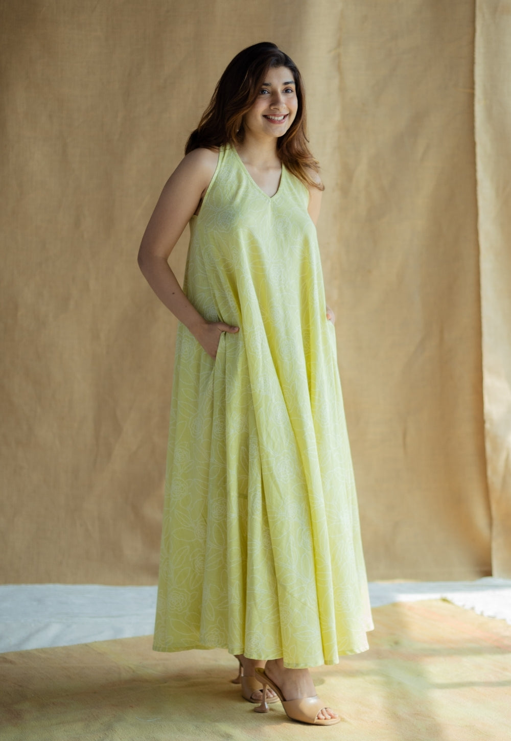 Naimat Lime Green Hand Block Print Slub Cotton A Line Dress