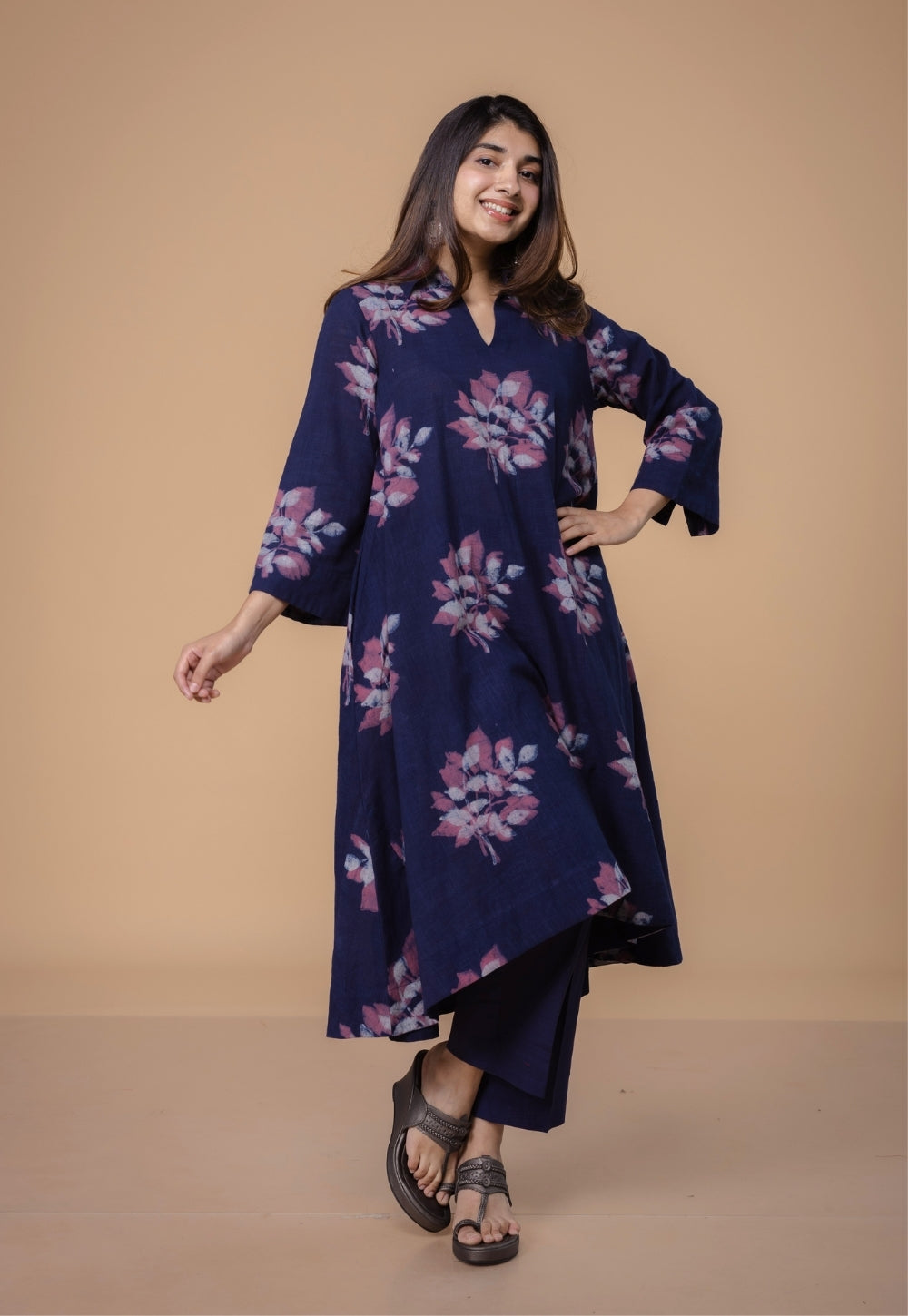 Karina Purple Dabu Slub Cotton A Line Kurta