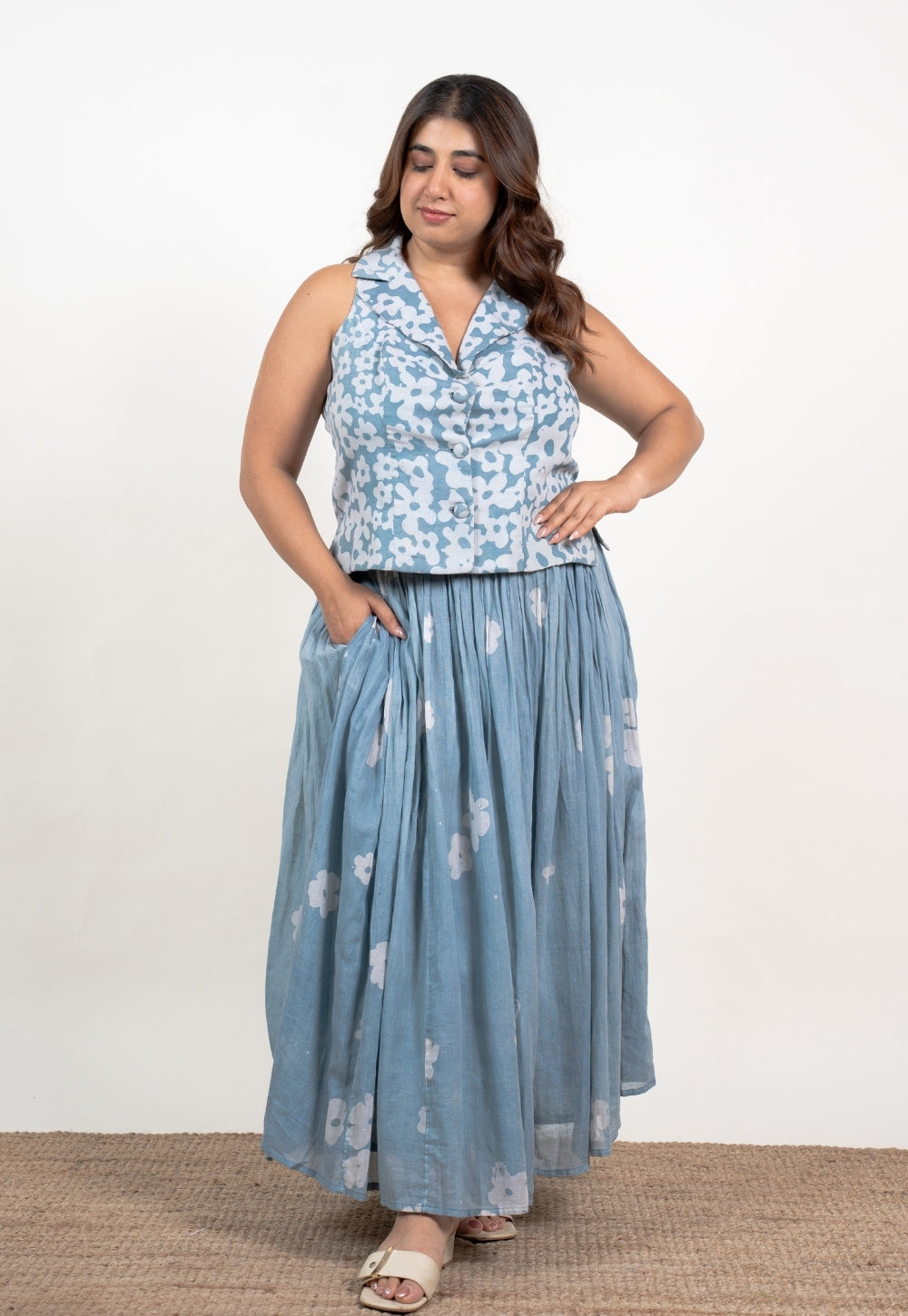 Ishani Blue Batik MulMul Straight Waistcoat Top