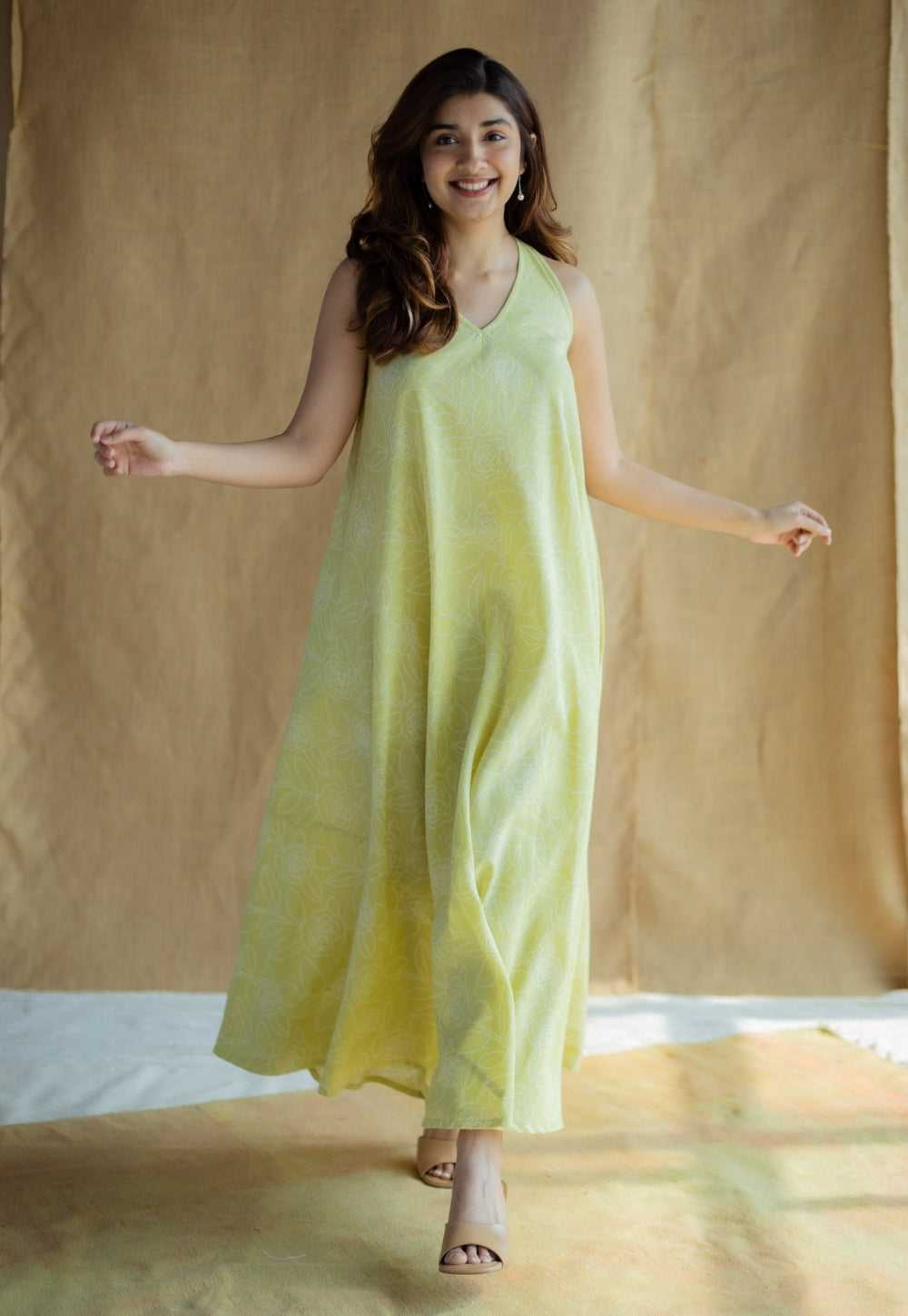 Naimat Lime Green Hand Block Print Slub Cotton A Line Dress