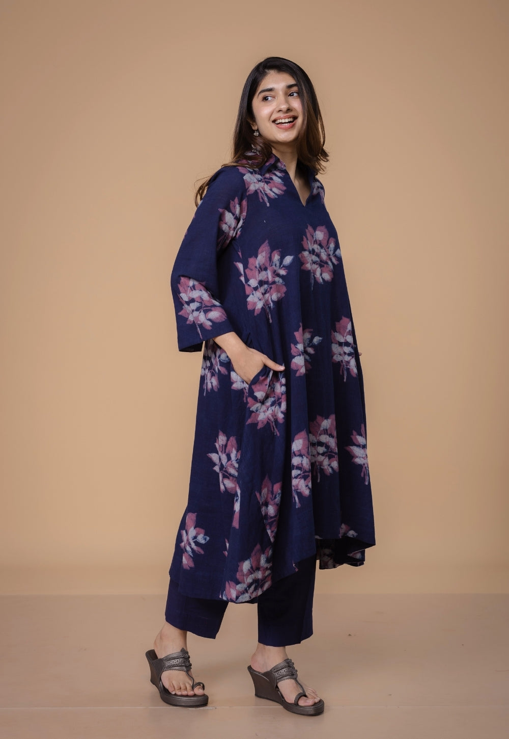 Karina Purple Dabu Slub Cotton A Line Kurta