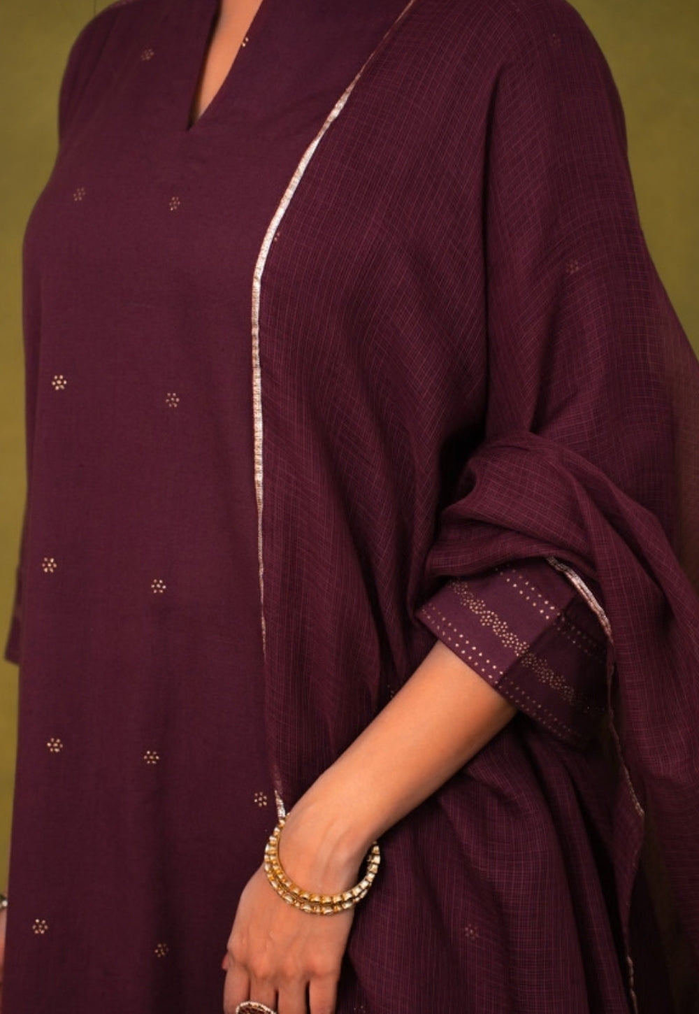 Malika Wine Rogan Handblock Printed Cotton Kali Kurta Suit Set (Set of 3)