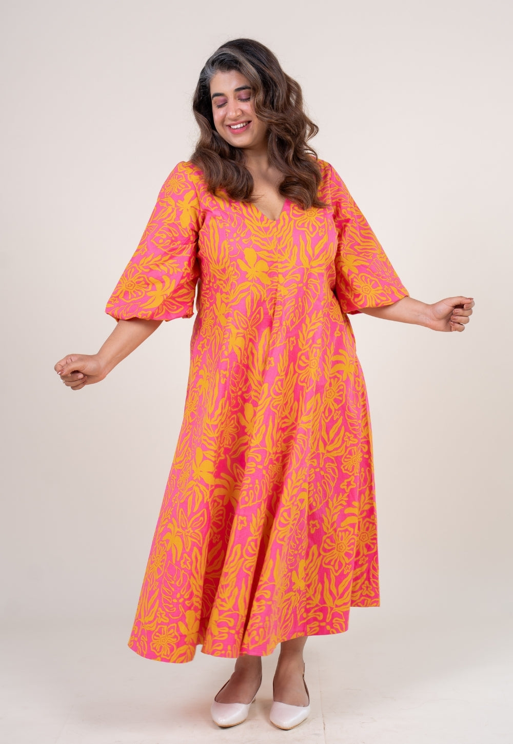 Tanisha Sunset Pink Printed Cotton A Line Dress