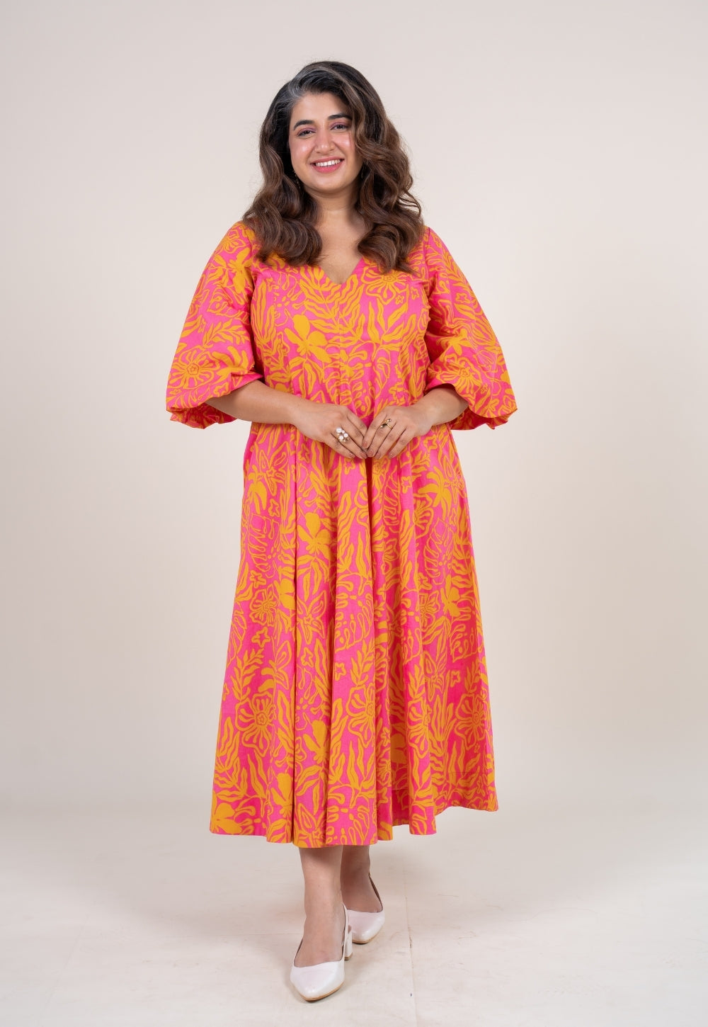 Tanisha Sunset Pink Printed Cotton A Line Dress
