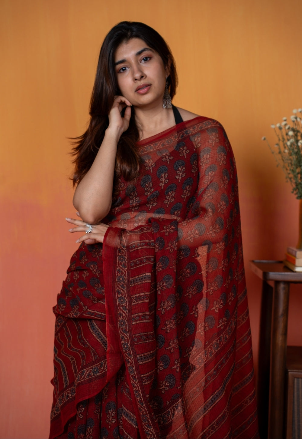 Red Floral Butta Ajrkah Hand Block Print Kota Doria Cotton Saree