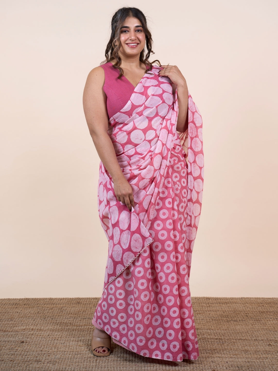Yumna Pink Batik Hand Block Print Mul Cotton Saree with Embroidery