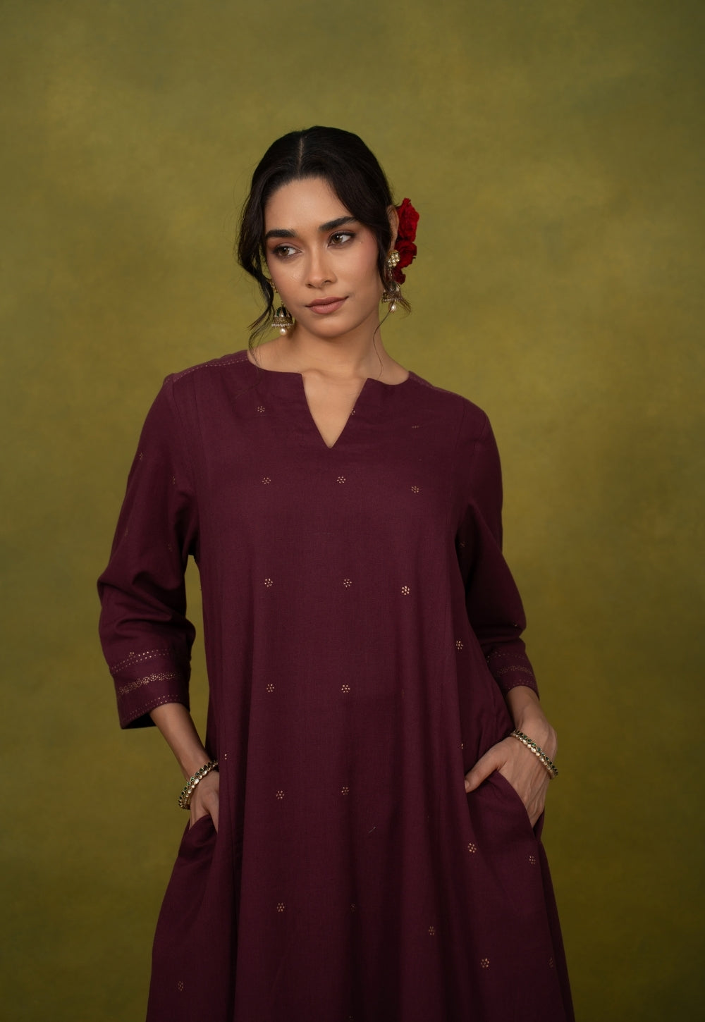 Malika Wine Rogan Handblock Printed Cotton Kali Kurta Suit Set (Set of 3)