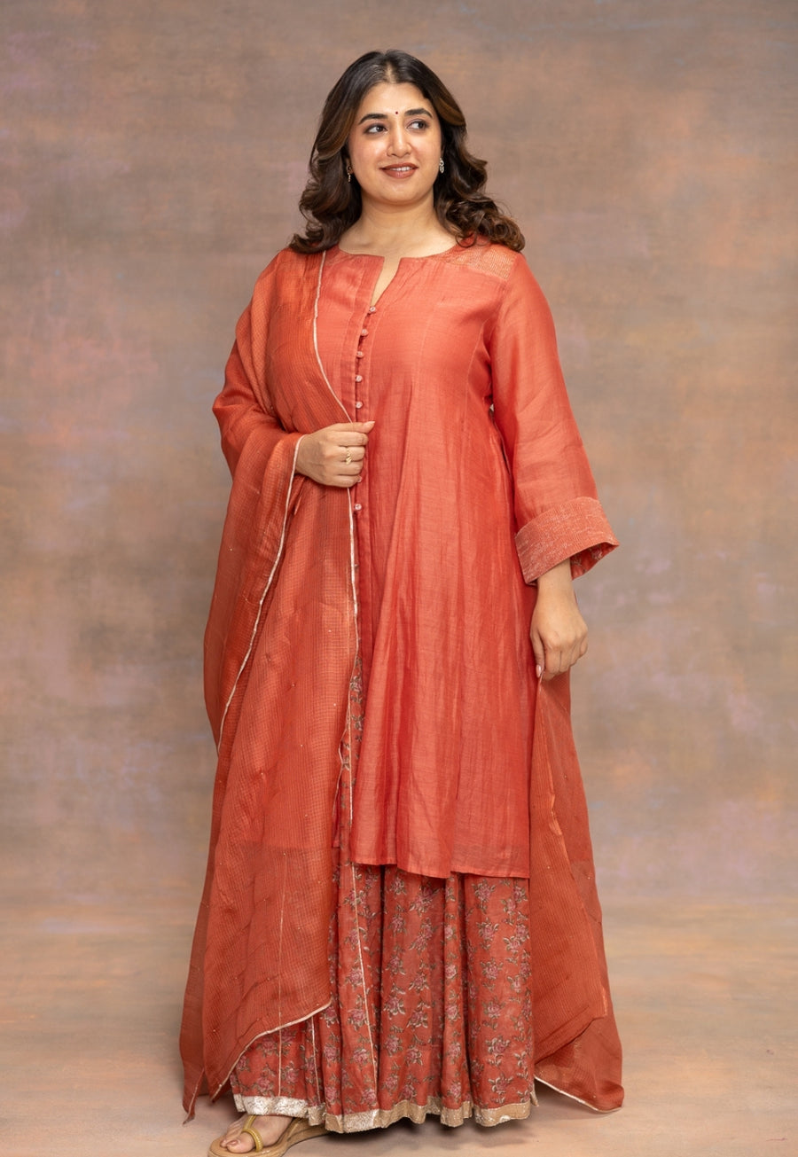 Rosa Orange Solid Chanderi Silk Kali Kurta
