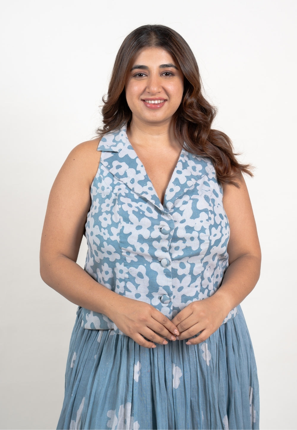 Ishani Blue Batik MulMul Straight Waistcoat Top and Skirt (Set of 2)