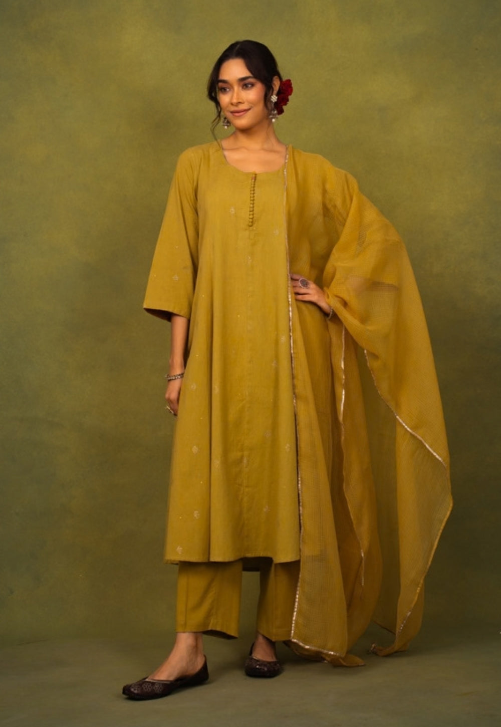 Maryam Yellow Rogan Handblock Printed Cotton Kali Kurta Suit Set (Set of 3)