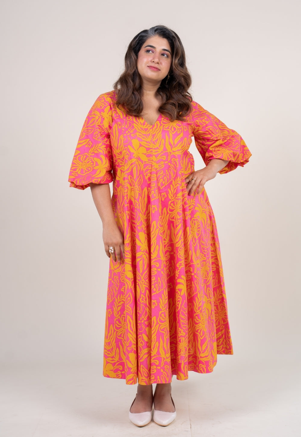Tanisha Sunset Pink Printed Cotton A Line Dress