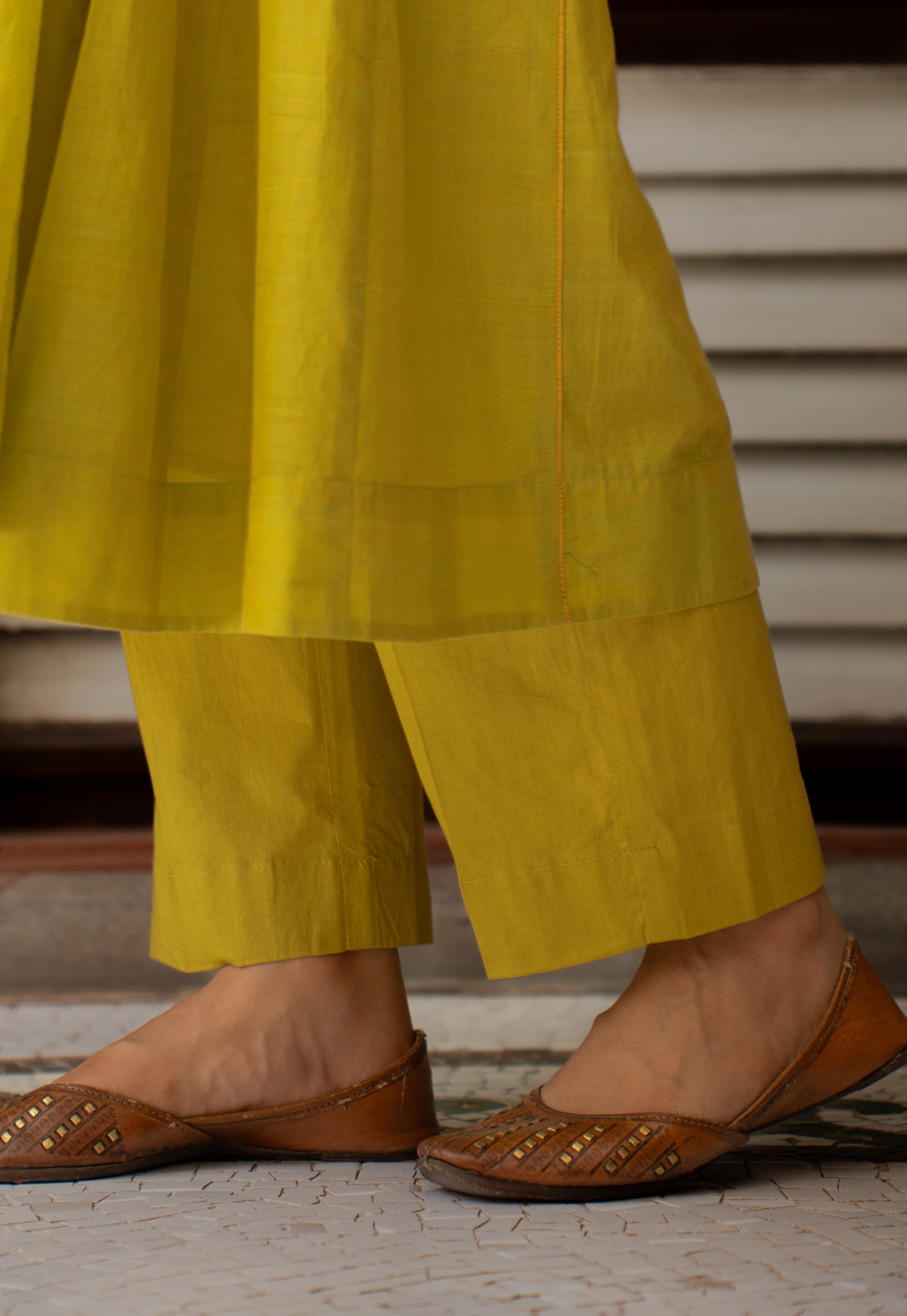 Yashi Lime Green Solid Cotton Flex Straight Pant