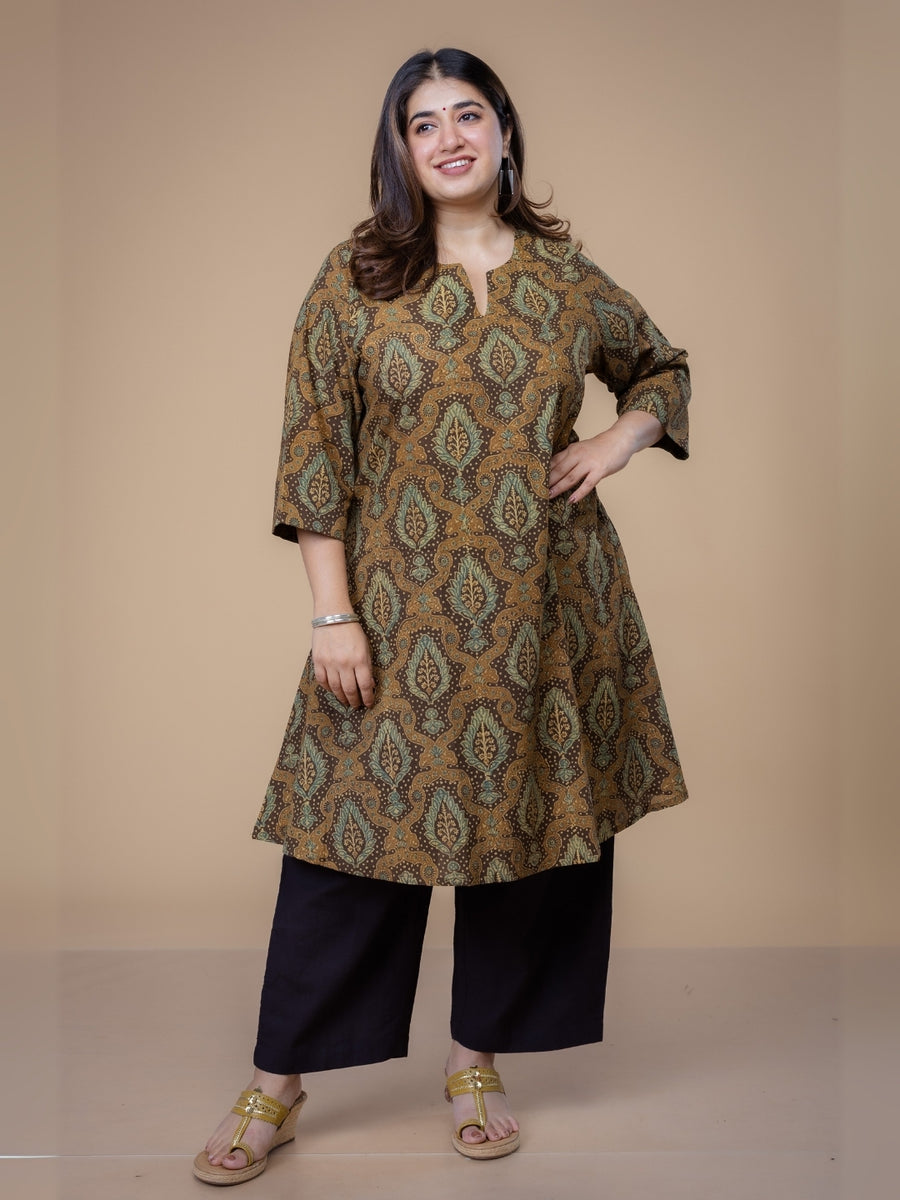 Daksha Brown Ajrakh Cotton A Line Kurta