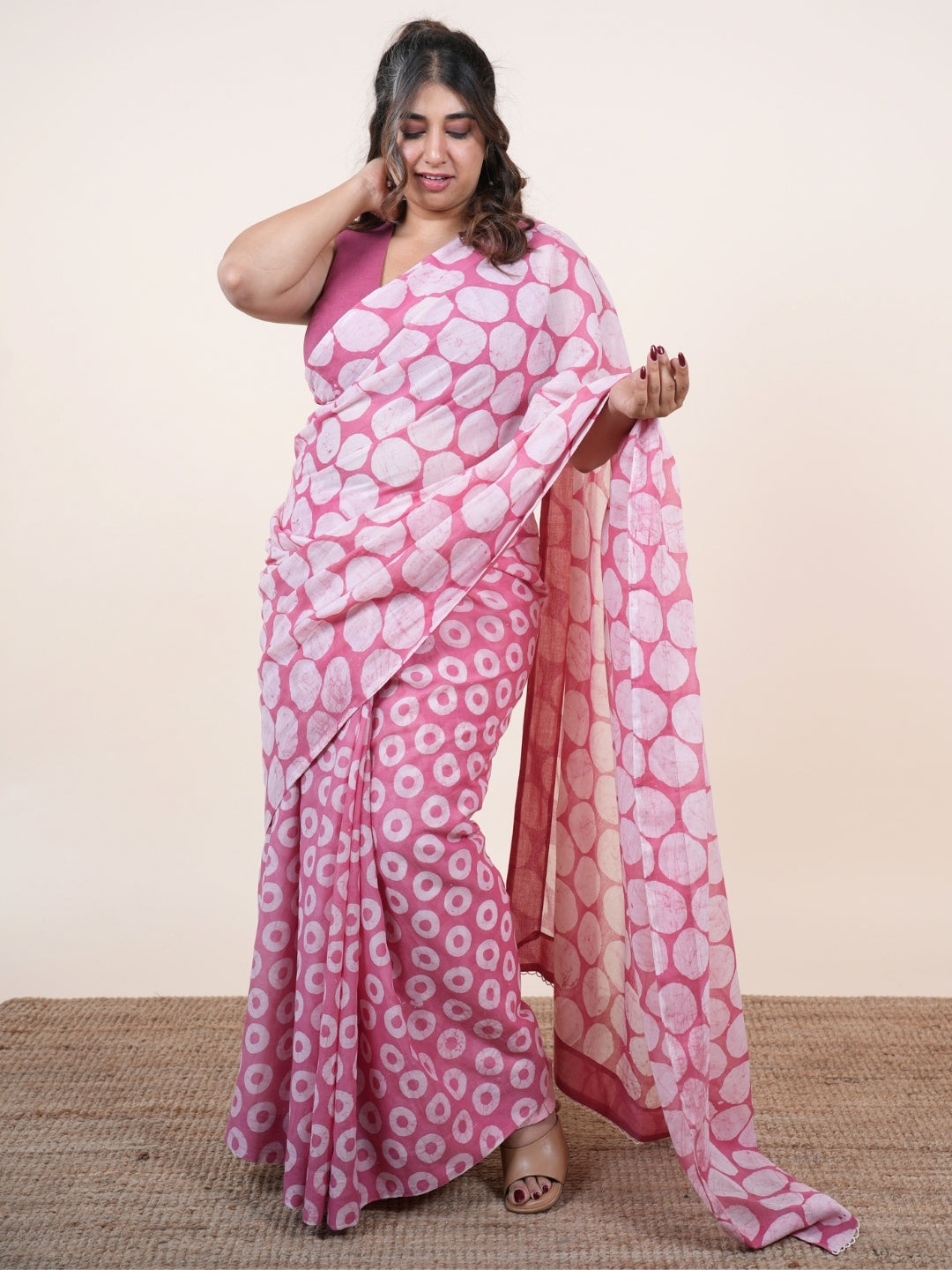 Yumna Pink Batik Hand Block Print Mul Cotton Saree with Embroidery