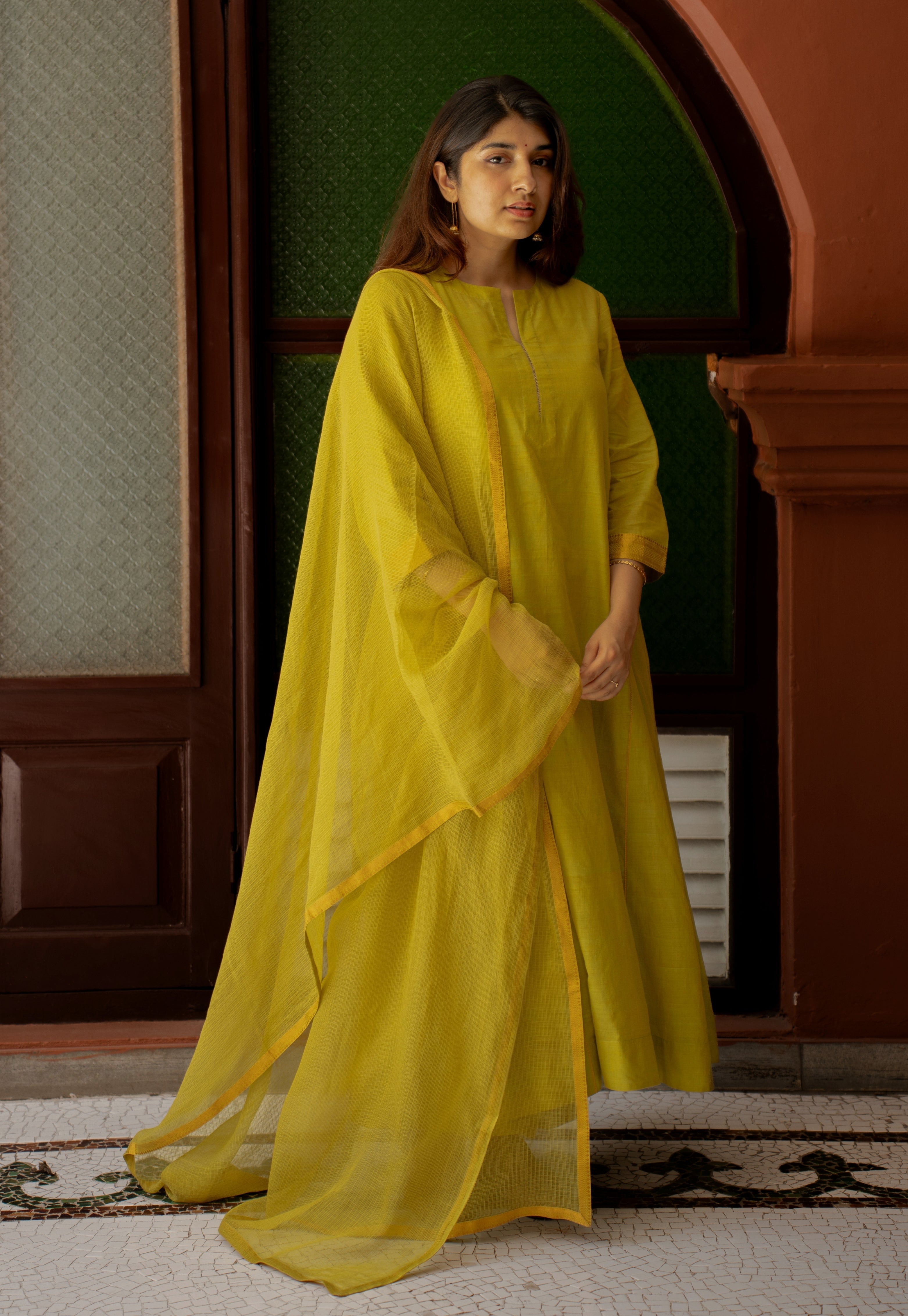 Lime Green Solid Kota Doria Cotton Dupatta with Mangalgiri Border