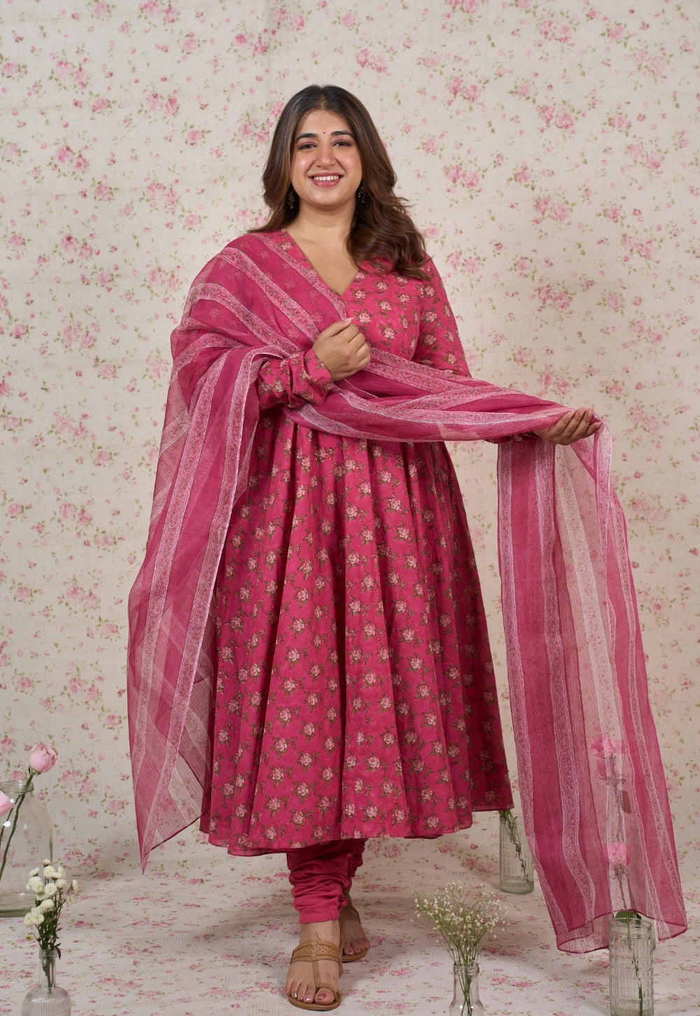 Pink Sanganeri Kota Doria Cotton Dupatta