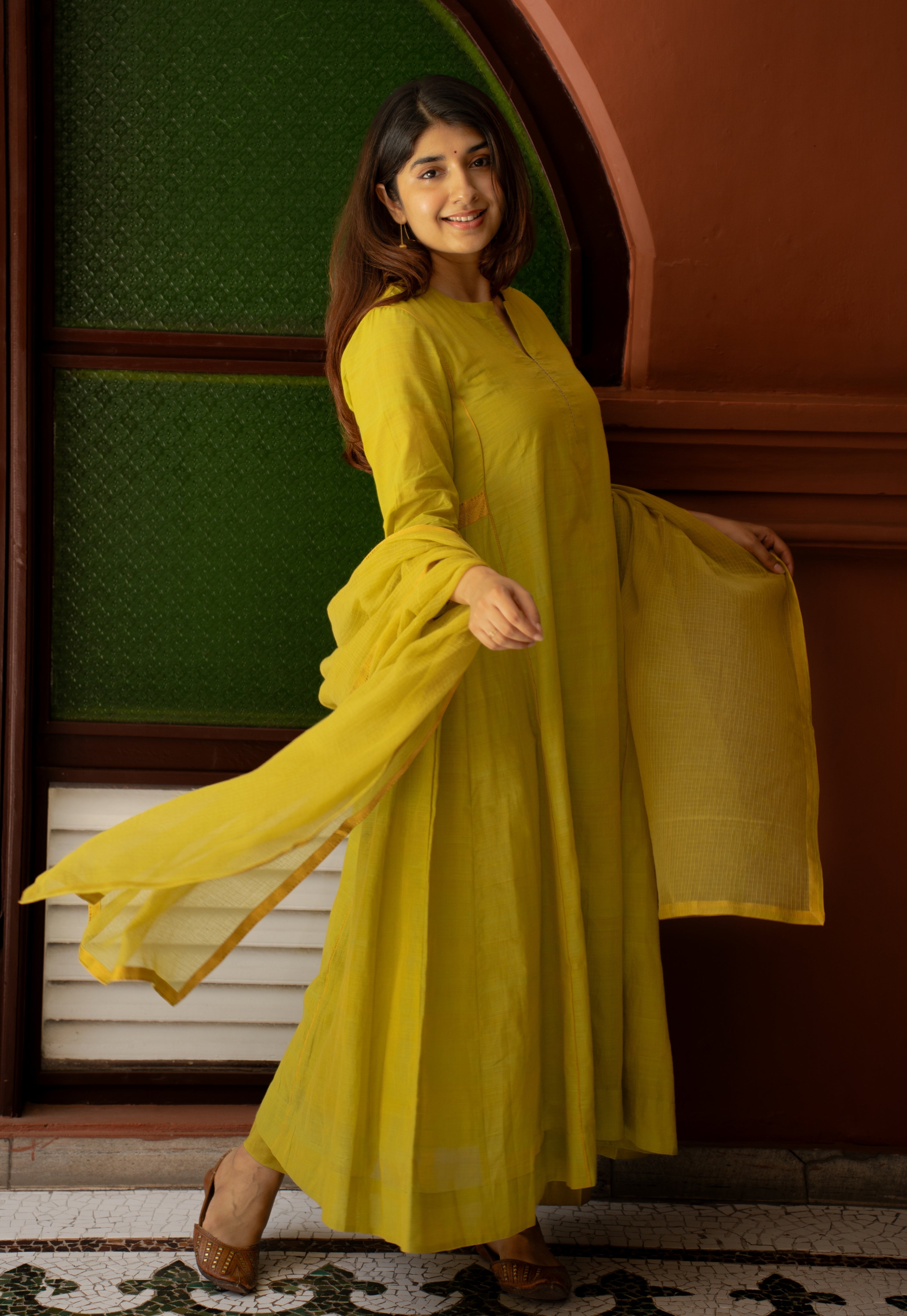 Lime Green Solid Kota Doria Cotton Dupatta with Mangalgiri Border