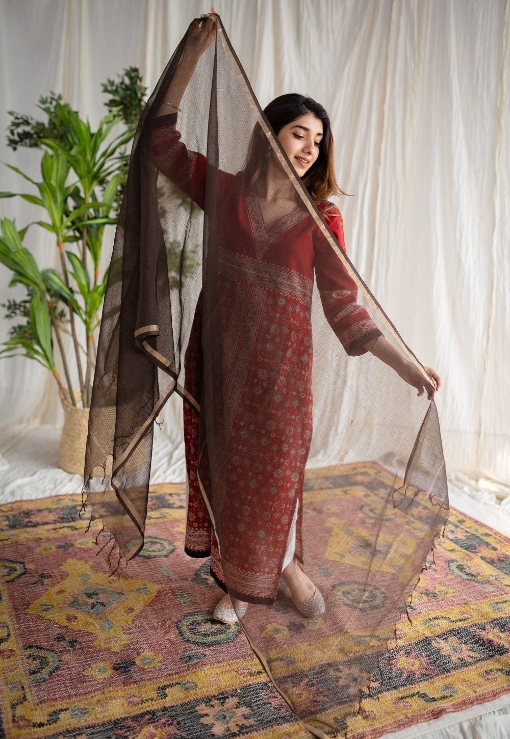 Dark Brown Kota Doria Cotton Dupatta