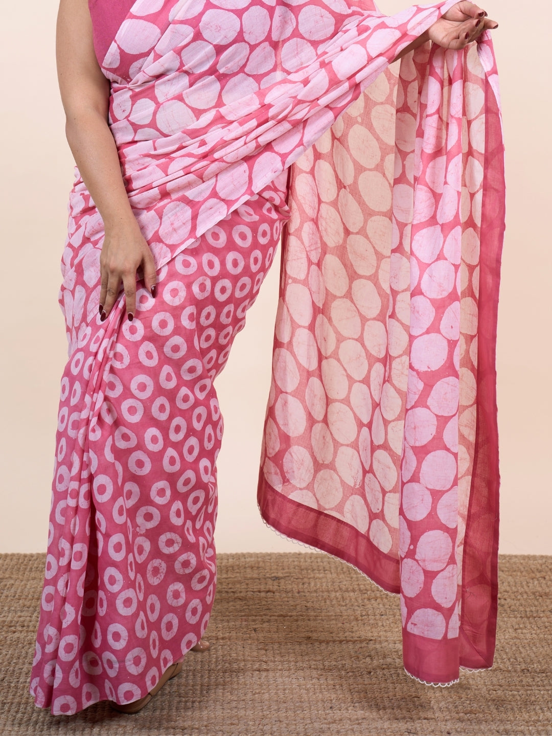 Yumna Pink Batik Hand Block Print Mul Cotton Saree with Embroidery